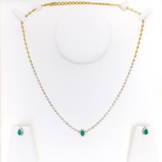 This 18k yellow gold set, with a weight of 10.8 grams, combines the timeless allure of diamonds and cultured emeralds, weighing in at 1.66ct. The diamonds, showcasing a G-H color and VS quality in a round brilliant cut, lend a radiant sheen. The 19-inch necklace, featuring a reliable lobster lock and 3.2 inches of adjustable links, offers a perfect blend of security and versatility. Complemented by matching earrings, each 0.3 inches long with screw-back posts, this set stands as a symbol of perp Emerald Necklace With Diamonds And 17 Jewels, Fine Jewelry Green Diamond Necklace With Brilliant Cut, Green Diamond Necklace For Formal Events, Formal Green Diamond Necklace For May Birthstone, Fine Jewelry Emerald Necklace With Brilliant Cut, Green Diamond Necklace In Fine Jewelry Style, Fine Jewelry Green Emerald Necklace With Brilliant Cut, Luxury Green Diamond Necklace With Single Cut Diamonds, Fine Green Diamond Necklace