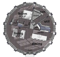 the floor plan for a round house with lots of rooms and living areas in it