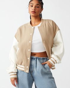 Statement Blazer, College Jacket, Cropped Jackets, Steve Madden Store, Varsity Jackets, Apparel Merchandising, Leather Sleeves, Woven Jacket, Chic Leather