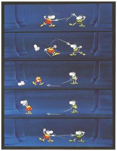 an image of mickey and friends in different positions on the same page, with one being pulled by a rope