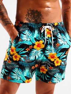 Make a splash this summer in our Tropical Print Swim Trunks With Pocket. Featuring a captivating tropical pattern, these swim trunks offer a fresh and stylish look for your beach adventures. The drawstring and pocket details add functionality, allowing you to adjust the fit and keep your essentials secure. Features: Pattern Type: Tropical, All Over Print Details: Drawstring, Pocket Type: Bottoms Bottom Type: Shorts Fabric: Non-Stretch Composition: 100% Polyester Size Chart(Inch): Size Bottoms Le Summer Swim Trunks For Vacation Pool, Summer Vacation Swim Trunks For Pool, Hawaiian Summer Shorts For Pool, Hawaiian Swim Trunks For Poolside Vacation, Hawaiian Style Shorts For Pool Vacation, Hawaiian Style Swim Trunks For Summer Beach Party, Summer Vacation Swim Trunks, Tropical Swim Trunks For Summer, Tropical Swim Trunks For Vacation