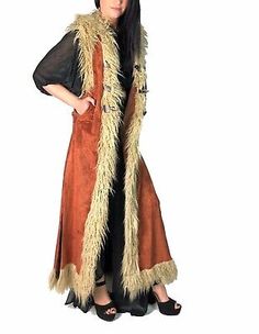 Premium Quality WIDOW SUEDE LONG FAUX FUR BROWN VEST COAT JACKET MEDIEVAL GYPSY VIKING BARBARIAN, Fashion Womens Coats Jackets Victorian Tapestry, Long Suede Coat, Black Tapestry, Fitted Vest, Brown Faux Fur Vest, Double Breasted Vest, Pirate Jacket, Gothic Vampire, Goth Steampunk