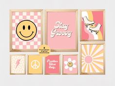 a set of six framed pictures with smiley faces and words in pink, yellow and white