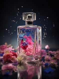 a glass bottle filled with pink and blue flowers