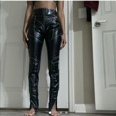 Academy' Black Vegan Leather Cut Out Trousers From Mistress Rocks Size Small. Model Is 5'6 And Has 26 Inch Waist And 36 Inch Hips Pants Fit Big On Her. Zips At The Bottom #Vegan #Leather #Black #Mistressrocks Never Worn Punk Style High Waist Fitted Bottoms, Fitted High Rise Punk Bottoms, Fitted High Waist Edgy Pants, Edgy Fitted Bottoms, Edgy Fitted Straight Leg Bottoms, Edgy Fitted Pants For Fall, Edgy Fitted Fall Pants, Black Fitted Punk Bottoms, Fitted Black Punk Bottoms