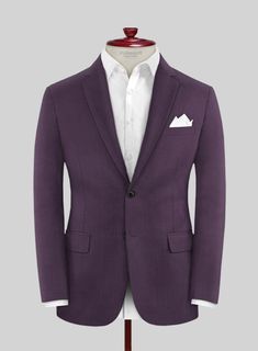 A bold option that's bound to make a striking impression, the Purple suit is tailored to elevate your style & fit. Crafted from wool blend, this suit is stylishly designed from the finest 140's count super fine wool fabric. Pair with a white shirt and printed tie for a modern finish, or layer up with a rollneck for a smart winter look.   Look Includes  Napolean Purple Wool Fabric  Two Button Jacket Style  Notch Lapel  Horn Royal Black Button  Single Vent  Three Cuff Buttons  Two Welted Back Pockets on Trousers   Click 'Customize Now' to modify the look if needed.   Lining: Viscose, Dry Clean, Pants can be lightly washed. Leisure Aesthetic, Grey Tweed Suit, Herringbone Tweed Jacket, White Linen Suit, Green Velvet Jacket, Peaky Blinders Suit, Purple Suit, The Perfect Man, Royal Blue Suit