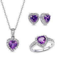 Give her a sweet surprise with this vintage-inspired gemstone heart pendant, stud earrings and ring set. Crafted in sterling silver, the pendant showcases a 7.0mm heart-shaped bright purple amethyst wrapped in a frame of shimmering white topaz. This pendant suspends from a topaz-touched milgrain-lined bail along an 18.0-inch forzatina cable chain that secures with a spring-ring clasp. A chic addition, the stud earrings each feature a similar design with a 6.0mm heart-shaped amethyst. These post Fine Jewelry Heart Pendant For Wedding, Diamond Jewelry Sets For Gifts, Elegant Heart Cut Jewelry Sets For Gift, Fine Diamond Jewelry Sets For Gift, Fine Diamond Jewelry Sets As Gifts, Sterling Silver Heart Jewelry Sets For Anniversary, Heart Shaped Cubic Zirconia Fine Jewelry, Heart-shaped Cubic Zirconia Fine Jewelry, Elegant Heart-shaped Jewelry Sets For Anniversary