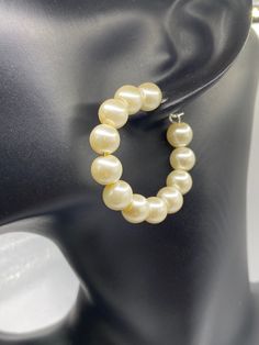 Ivory coloured imitation pearl beaded earrings on silver plated hoops 4x4cm Hypoallergenic Round Pearl Earrings For Party, Elegant Nickel Free Hoop Beaded Earrings, Elegant Nickel-free Hoop Beaded Earrings, Elegant Nickel-free Beaded Hoop Earrings, Hypoallergenic Hoop Earrings For Party, Hypoallergenic Pearl Jewelry, Small Hoop Pearl Earrings, Elegant Pearl Jewelry In Circle Shape, Elegant Pearl Circle Jewelry