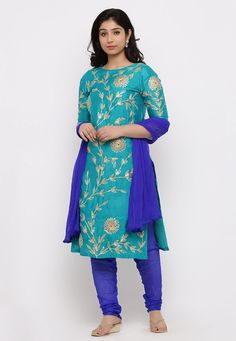 Readymade Art Silk Straight Kameez in Turquoise. This Round Neck and Half Sleeve Hand Embroidered attire with Cotton Lining is Prettified with Resham and Gota Lace workAvailable with a Poly Shantoon Churidar and a Faux Chifffon Dupatta in Royal Blue. The Kameez and Bottom Lengths are 43 and 50 inches respectively. Do note: The Length may vary upto 2 inches. Accessories shown in the image are for presentation purposes only.(Slight variation in actual color vs. image is possible). We sell all kind Blue Bollywood Art Silk Palazzo Set, Festive Blue Art Silk Palazzo Set, Blue Chanderi Sets With Floral Embroidery, Blue Floral Embroidered Palazzo Set For Festivals, Anarkali Style Palazzo Set In Blue With Floral Embroidery, Blue Anarkali Palazzo Set With Floral Embroidery, Bollywood Style Blue Embroidered Palazzo Set, Blue Bollywood Embroidered Palazzo Set, Blue Embroidered Bollywood Palazzo Set