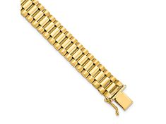 14K yellow gold men's polished and satin finish link bracelet with box catch clasp. Measures approximately 8"L x 3/8"W. Formal Gold Bracelet With Solid Link Construction, Formal Box Chain Bracelet With Rectangular Links, Formal Box Chain Bracelet With Rectangular Shape, Formal Rectangular Chain Bracelet With Box Clasp, Yellow Gold Bracelet With Rectangular Links And Box Clasp, Yellow Gold-plated Link Bracelet, Turkey Pieces, Gold-tone Solid Link Gold-plated Bracelet, Gold-tone Brass Bracelet With Solid Link Construction