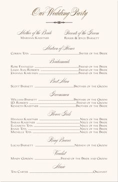 a wedding program is shown with the names and dates on it, as well as an image