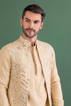 Gold bundi with mirror butti embroidery. Paired with an inner kurta and aligadhi pant. - Aza Fashions Butti Embroidery, Kurta Set Men, Nehru Jacket, Nehru Jackets, Kurta Set, Gold Mirror, Aza Fashion, Full Sleeve, Mirror