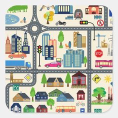 a city map with roads, buildings and cars in the style of an old cartoon