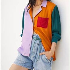 Colorful Color Block Silky Relaxed Shirt Pit To Pit : 22 Sleeve : 24 Length : Front 24.5 Back 26.5 100% Viscose Very Light Small Stains Please See The Pictures Color Block Blouse, Bright Spring, Anthropologie Top, Farm Rio, 50 Fashion, Style Board, Summer 2024, Shirt Color, Color Orange