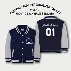 Sweatshirt Varsity Jacket with personalized varsity letter patch Option to add embroidered name(s) and appliqué number* Our custom products are hand made to order. Please see the estimated production time for more details Varsity letter patch made in USA. Jacket hand finished in California. *Subject to availability. You will be notified if there is a delay to your order ….. STYLE OPTIONS OPTION A: Varsity Letter Patch Only OPTION B: Varsity Letter Patch + Front Name embroidery OPTION C: Varsity Back Number, Varsity Letter, Option B, Name Embroidery, Embroidered Name, Letterman Jacket, Navy Grey, Custom Products, Kids Sweatshirt