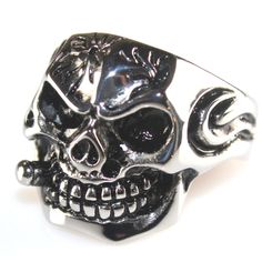 Vintage Gothic Oxidized Biker Smoking Bullet Skull Silver Punk Hiphop Ring A21 Punk Style Black Skull Ring Gift, Black Metal Skull Ring For Streetwear, Punk Skull Ring For Streetwear, Edgy Silver Skull Ring As Gift, Edgy Silver Skull Ring For Gift, Gothic Silver Skull Ring, Edgy Black Metal Skull Ring, Edgy Silver Skull Ring For Halloween, Silver Skull Ring For Halloween Streetwear