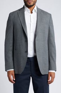 Styled in a grey, this sport coat tailored from Italian wool features a touch of stretch to comfortably elevate any semiformal look. 29 1/2" (size 40R) Two-button closure Notched lapels Chest welt pocket; front patch pockets Partially lined 99% wool, 1% elastane Dry clean Made in Canada Gray Suits With Lapel Collar For Work, Gray Business Outerwear With Suit Collar, Tailored Sport Coat With Concealed Placket For Business Casual, Modern Single Breasted Business Sport Coat, Modern Sport Coat With Suit Collar For Office, Modern Blazer With Flat Front For Business Casual, Gray Blazer With Pressed Crease For Office, Gray Office Blazer With Pressed Crease, Modern Business Casual Blazer