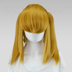 Gaia Autumn Gold Pigtail Wig Long and flowing pigtails are a classic staple in the cosplay world. Our Gaia style Autumn Gold pigtail wig offers an easy and natural looking way to achieve such a classic and timeless look. Front facing bangs reach a a total of 7", making them versatile in creating a number of different styles. Longer side bangs that fall to 10 1/2" create a flattering, face framing appearance with ease. Long twin tails allow for styling as is, or can be customized with our many cl Book Cosplay, Gold Wig, Pigtail Wig, Gold Wigs, Front Bangs, Long Side Bangs, Blonde Wigs, Caramel Blonde, Yellow Tone