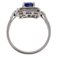 Centering a Cushion cut sapphire weighing 1.76ct., framed by four Baguette cut diamonds weighing approx. 0.47ctw, and numerous Old European cut diamonds weighing approx. 0.58ctw, fashioned in platinum. Size 7 1/2. Classic Platinum Sapphire Ring With Radiant Cut, Platinum Sapphire Ring With Baguette Cut And Halo Setting, Classic Sapphire Rings With Baguette Diamonds, White Gold Sapphire Ring With Baguette Diamonds, 14k White Gold Sapphire Ring With Baguette Diamond Cut, Classic White Gold Sapphire Ring With Baguette Diamonds, Silver Sapphire Ring With Baguette Diamonds, Classic Sapphire Ring With Baguette Diamonds, Anniversary White Gold Sapphire Ring With Baguette Diamonds