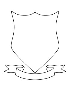 a black and white drawing of a shield with a ribbon on the bottom, in front of it