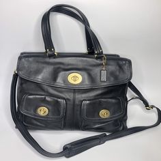 Coach Rich Black Leather Hampton Legacy Briefcase Handbag Laptop Bag F-12980 Gently Used. Broken Pocket Clasp Piece. It Closes, But When Open, Piece Comes Off. See Pics. Large Shoulder Bags, Coach Bags, Laptop Bag, The Hamptons, Bags Handbags, Laptop, Black Leather, Bag Lady, Shoe Accessories