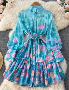 Design Print Chiffon Long Sleeve High Waist Dress Short Dress Women, Autumn Holiday, Beach Holiday Dresses, Romantic Floral Print, Chiffon Mini Dress, Floral Print Chiffon, Pleated Mini Dress, High Waist Dress, Holiday Beach