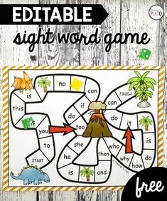 a printable sight word game with dinosaurs and volcanos