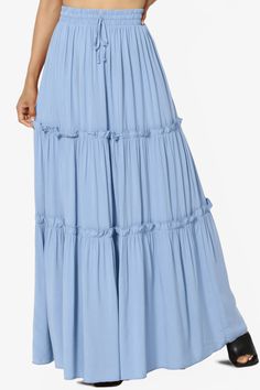 Cut in a tiered silhouette, Maxi skirt is enhanced by dimensional pleating. This style's elasticized waist is complete with a drawstring tie. You'll enjoy wearing it all summer, every summer.Banded elasticized waist, High riseAdjustable drawstring tiePull-on style, Pleated ruffle tieredTrue to size, S=Size(26-27), M=Size(28-29), L=Size(30-31), XL=Size(32-33)Model size : 5'3" height, 34" bust, 24" waist, 34" hip, and is wearing a size XS100% Rayon; Machine WashableMade in VietnamNOTICE: Before or Teal Skirt Outfit, Long Maxi Skirt Outfits, Maxi Tiered Skirt, Cute Plus Size Clothes, Cute Maxi Skirts, Teal Skirt, Long Skirt Casual, Lounge Outfits, Rayon Skirt