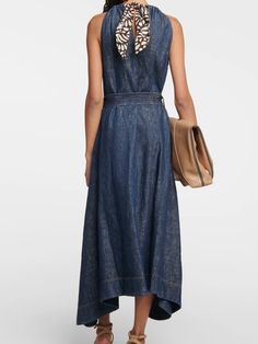 Casual denim maxi dress, comfy, soft and breathable fabric. Casual style. Sleeveless. Buttons front close. Pockets on front. Round neck. Long dress. Belted. Polyester fabric. Color may be lighter or darker depending of the device it is displayed. V-neck Denim Dresses With Pockets, Dark Wash Denim V-neck Dress With Pockets, High Heel Wedges Platform, V-neck Denim Blue Cotton Dress, V-neck Denim Dress With Button Closure, Non-stretch Medium Wash Denim Dress With Button Closure, Denim Maxi Dress, Denim Maxi, Romper And Jacket