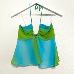 Wild Fable Blue & Green Halter Top Size Xs Trendy Y2k Green And Blue Bandeau Style Adjustable Cups Keyhole Plunging Neckline Halter Straps Tie Around Neck Elastic Waist - Babydoll Style Peek A Boo Fly Away Cut Cropped Fully Lined, Not See Through Brand New With Tags Make Me An Offer Light Blue Sleeveless Halter Top For Spring, Green Summer Tops For Night Out, Green Summer Top For Night Out, Summer Fitted Chiffon Top, Fitted Chiffon Top For Summer, Green Summer Party Top, Green Backless Halter Top For Spring, Green Backless Top For Spring, Casual Blue Halter Top For Party