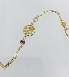 14K beaded necklace with genuine stones and open work gold beads Cable chain with stations of gold capped Amethyst, Citrine and Blue Topaz faceted beads. 18 inches in length with open work beads measuring approximately 10 mm Chain and stones weigh 6.8 grams Lobster clasp stamped .585 and tag stamped 14K Italy Square Diamond Earrings, Gold Caps, Citrine Beads, Gold Bead Necklace, Amethyst Color, Diamond Cross Pendants, Square Diamond, Pearl Diamond, Diamond Cluster Ring