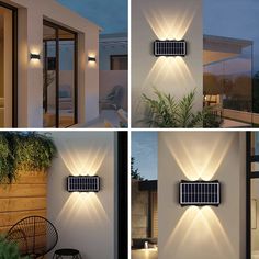 four different views of the outside of a house with lights on and in between them