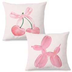 two pink pillows with cherries on the front and one cherry on the back, both in watercolor