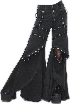 Trendy Black Pants For Cosplay, Gothic Black Flare Bottoms, Cotton Wide Leg Bottoms For Concerts, Wide-leg Cotton Bottoms For Concerts, Fitted Pants For Halloween Concert, Halloween Concert Fitted Pants, Fitted Pants For Concerts And Halloween, Edgy Stretch Pants For Halloween, Grunge Wide Leg Bottoms For Alternative Fashion