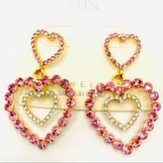 Earrings Hearts Crystal Drop In Pink. Pierced They Are Set In Golden Tone. Super Brilliant And Sparkly! High Quality Crystals! Brand New In Packaging! Light Weight ! Won’t Tarnish! Elegant Pink Heart Cut Earrings, Pink Heart Cut Earrings For Party, Pink Heart-shaped Jewelry With Heart Detail, Pink Heart Cut Wedding Earrings, Pink Heart Beads Earrings For Party, Pink Dangle Heart Earrings For Party, Pink Double Heart Jewelry With Matching Earrings, Pink Double Heart Earrings For Anniversary, Pink Heart-shaped Jewelry For Party