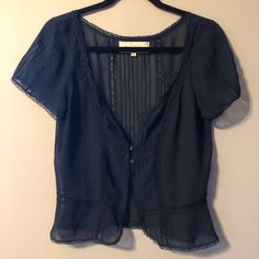 Elegant And Sexy Sheer Blouse With Lace Accents. Looks Great With A Bandeau Or Tank Top Underneath. Never Worn. Sheer Fitted V-neck Blouse, Sheer Fitted Blouse For Daywear, Fitted Sheer Blouse For Daywear, Elegant Blue Sheer Blouse, Chic Sheer Blue Blouse, Chic Blue Sheer Blouse, Blue Sheer Top For Evening, Fitted V-neck Blouse With Lace Top, Fitted V-neck Lace Top Blouse