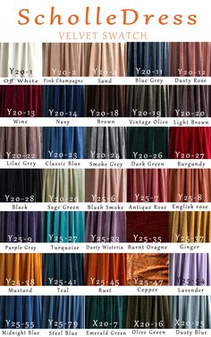 the color chart for scholledress velvet swatch in various colors and sizes