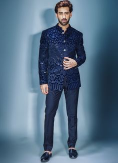 Navy Blue Sequinned Bandhgala Set Chatenya Mittal - Fabilicious Fashion Blue Bandhgala, Velvet Pant, Thread Embroidery, Navy Blue Color, Guest Outfit, Pant Set, Modern Fashion, Blue Velvet, London Fashion Week