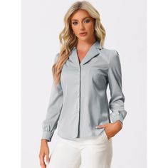 Complete your chic style with this satin button-up shirt. This satin button-up shirt features button cuffs and a notch collar perfectly. Pair it with jeans and work pants for your casual chic look. To create an elegant image with a classic design. Look smart and classic in this shirt finished with solid color fabric. With shiny and smooth fabric, this satin shirt makes you look elegant and romantic. Elegant Single-breasted Button-up Top, Elegant Single Breasted Button-up Top, Office Blouse With Hidden Button Closure, Office Button-up Blouse With Hidden Button Closure, Solid Color Blouse With Spread Collar And Button Closure, Semi-formal Blouse With Buttons, Formal Shirt With Button Closure And Collared Neckline, Office Shirt With Collared Hidden Button Closure, Collared Blouse With Hidden Button Closure For Office