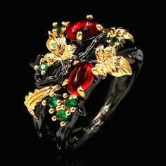 Beautiful Black Gold Twig Band & Gold Leaf Zircon Ring Size 7. Lots Of Detail To This Ring. Has Green & Red Zircon Stones For A Floral Design & Pretty Gold Leaves. Bezel Setting. Comfortable Fit. Brand New & Packaged. Beautiful Wedding Bands, Black Gold Ring, Branch Ring, Bezel Set Ring, Leaf Flower, Ladies Ring, Jewelry Black, Party Rings, Zircon Ring