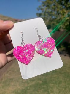 Neon Pink Iridescent Glitter Heart Earrings Handmade Kawaii - Etsy Pink Kawaii Jewelry For Valentine's Day, Kawaii Pink Jewelry For Valentine's Day, Pink Heart-shaped Kawaii Jewelry, Pink Kawaii Heart-shaped Jewelry, Fun Pink Heart-shaped Jewelry, Kawaii Dangle Jewelry For Valentine's Day, Valentine's Day Kawaii Dangle Jewelry, Pink Glitter Drop Earrings, Cute Pink Double Heart Jewelry