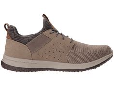 SKECHERS Classic Fit Delson Camben Men's Shoes Taupe Leather Running Shoes With Vented Sides And Lace-up, Casual Running Shoes With Cushioned Footbed And Engineered Mesh, Casual Sneakers With Perforations For Outdoor, Casual Outdoor Sneakers With Perforations, Low-top Mesh Sneakers For Walking, Mesh Low-top Sneakers For Walking, Breathable Leather Walking Sneakers, Casual Leather Running Shoes With Vented Sides, Breathable Leather Sneakers For Walking