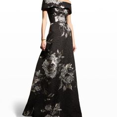 Rickie Freeman For Teri Jon Textured Jacquard Gown With Metallic Flowers Cuffed Off-The-Shoulder Neckline Banded Short Sleeves A-Line Silhouette Floor-Length Hem Zipper In The Back Polyester/Rayon/Metallic Imported Trendy Mother Of The Bride Dresses, Black Floral Dress Formal, Black Floral Gown, Long Sleeve Lace Gown, Jacquard Gown, Long Gowns, Formal Dresses With Sleeves, Teri Jon, Evening Dress Floor Length