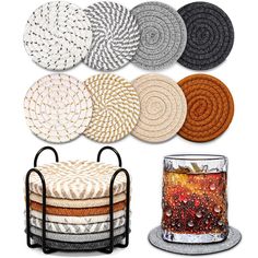 several different types of coasters and plates on display with drinks in the bottom right hand corner