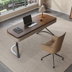 a laptop computer sitting on top of a wooden desk next to a lamp and chair