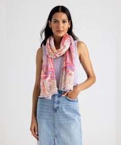 This lightweight, linen-blend wrap features an intricate, watercolor-inspired print that's modern-yet-timeless, and ready for sunshine. Dimensions: 27 in. x 72 in.Materials: 85% Modal, 15% LinenMade in: India White Spring Scarves For Vacation, White Scarf For Spring Vacation, White Scarves For Spring Vacation, Casual Linen Scarves For Summer, Casual Summer Scarves With Paisley Print, Casual Summer Paisley Print Scarves, Casual Paisley Print Scarves For Summer, Casual Spring Scarves, Summer Bohemian Scarves With Floral Print