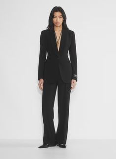 PROPOSITION BLAZER | Aritzia Luxury Long Sleeve Formal Pantsuit, Sleek Single Button Blazer Dress For Formal Occasions, Timeless Blazer With Hidden Button And Suit Collar, Tailored Timeless Single Breasted Blazer, Tailored Timeless Single-breasted Blazer, Timeless Tailored Single Breasted Blazer, Timeless Blazer With Lapel Collar And Hidden Button Closure, Luxury Single Breasted Evening Blazer, Fall Evening Pantsuit With Pressed Crease