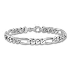 Versatile and stylish, bold solid figaro links join together to form this handsome 7.0mm men's bracelet. Crafted in 14K white gold, the 8-inch curb chain secures in place with a lobster clasp. Classic Figaro Chain Bracelets, Modern Formal Bracelets With Figaro Chain, Modern Formal Figaro Chain Bracelets, Modern Bracelets With Rectangular Figaro Chain Links, Formal Silver Bracelet With Figaro Chain, Modern Figaro Chain Bracelet, Modern Link Bracelets With Figaro Chain, Formal White Gold Bracelets With Figaro Chain, Formal White Gold Bracelet With Figaro Chain