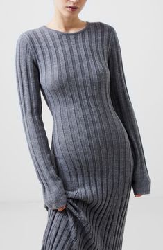 Move stylishly from work to weekend in this sleek season-staple sweater-dress crafted with allover ribbing for a close fit. 51" length Slips on over head Back keyhole with button-and-loop closure Jewel neck Long sleeves Unlined 100% acrylic Machine wash, line dry Imported Gray Long Sleeve Ribbed Sweater Dress, Classic Fitted Sweater Dress For Fall, Classic Ribbed Midi Dress For Fall, Gray Fitted Winter Midi Dress, Gray Fitted Midi Dress For Winter, Classic Knee-length Mini Dress For Winter, Elegant Gray Ribbed Sweater, Fitted Gray Midi Dress For Winter, Fitted Ribbed Sweater For Work