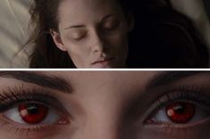 two pictures of the same woman's eyes, one with red eyeliners